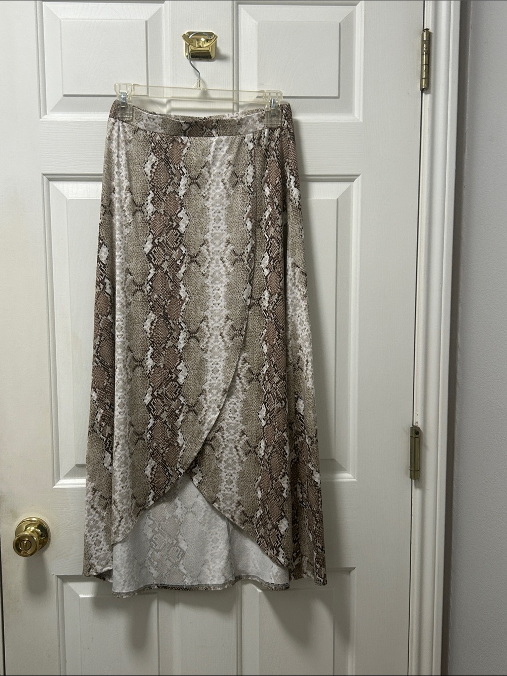 Carly Jean Snake Print Wrap Hem Midi Skirt in Brown and Cream Size Medium